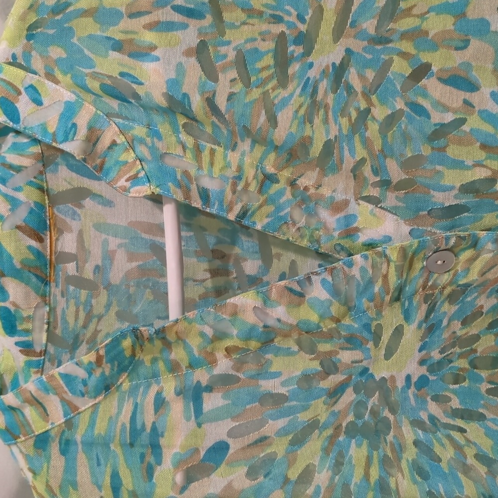 Ruby Rd | Blue Green Explosion Print with Sheer Accents Shirt Roll-up Sleeve | M